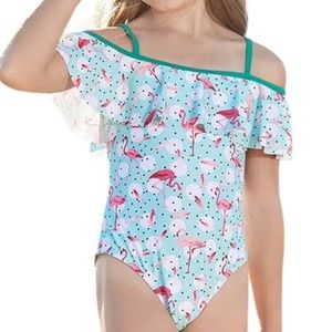 SHEKINI Girls One Piece Swimsuit Off Shoulder Flounce Swimwear size 8/10 NWT